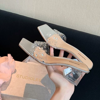 葡萄妈studiolee 透明水晶粗高跟厚底方头一字带露趾凉拖鞋女外穿