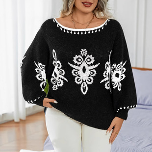 Cross-Border Amazon 2025 European and American Autumn and Winter Jacquard Large Size Sweater Long-Sleeved Top Fashionable Women's Round Neck Loose