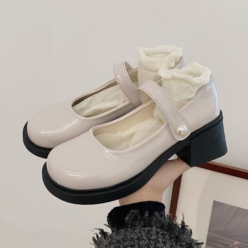 法式复古玛丽珍单鞋子2024年春秋新款韩版圆头粗跟高跟鞋小皮鞋女