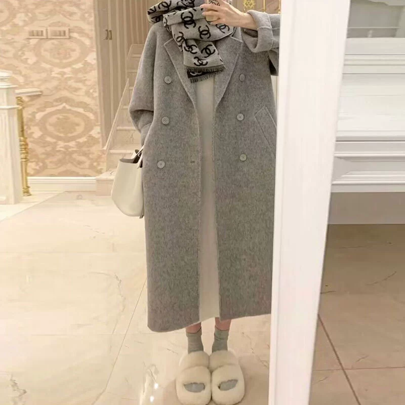 Высококачественная кашемировая верхняя одежда для женщин 2025 осень-зима новая двусторонняя шерстяная средней длины корейский стиль свободная элегантная верхняя одежда
