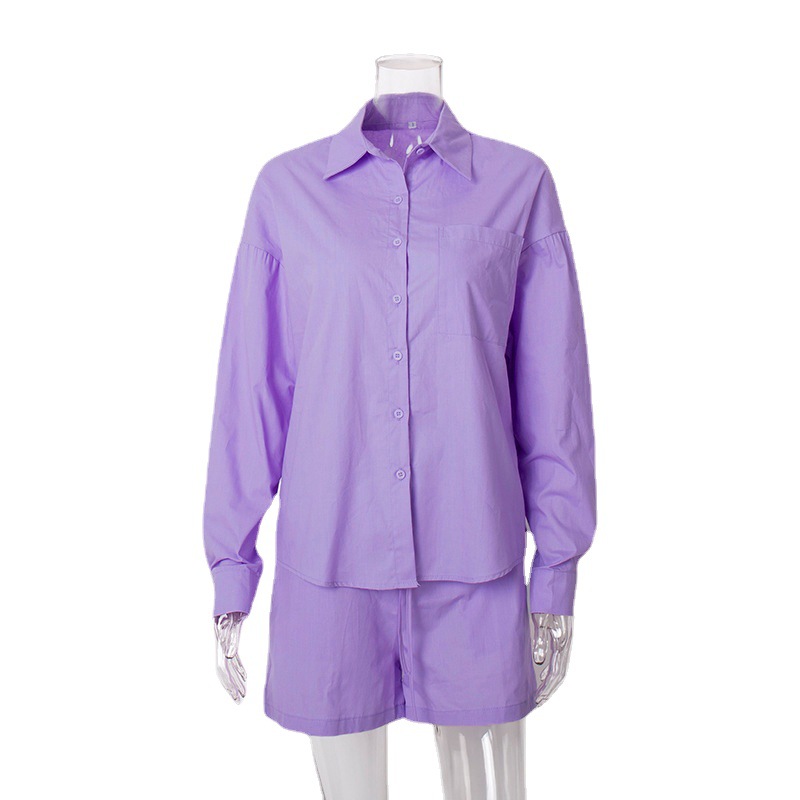 Casual for women's 2024 spring long sleeved shirt top+straight shorts solid color two-piece set_voghion.com