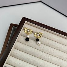 韩国东大门代购同款耳环金色太阳花珍珠设计感小众撞色高级感耳饰
