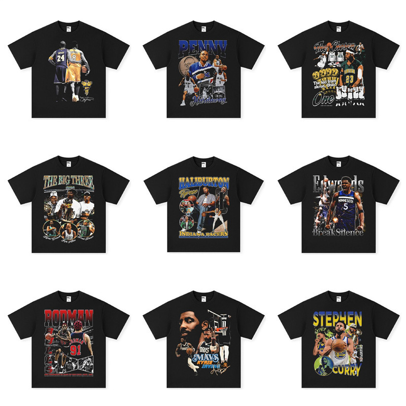 Nba Star American-Style T-Shirt with Irving, Kobe, and Curry Prints, Basketball Short-Sleeve Shirt with Small Neckline