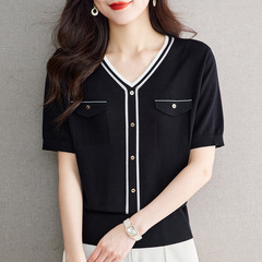 Vネック氷糸半袖tシャツ女性夏服天糸小香風ニット上着鶏心襟小シャツ