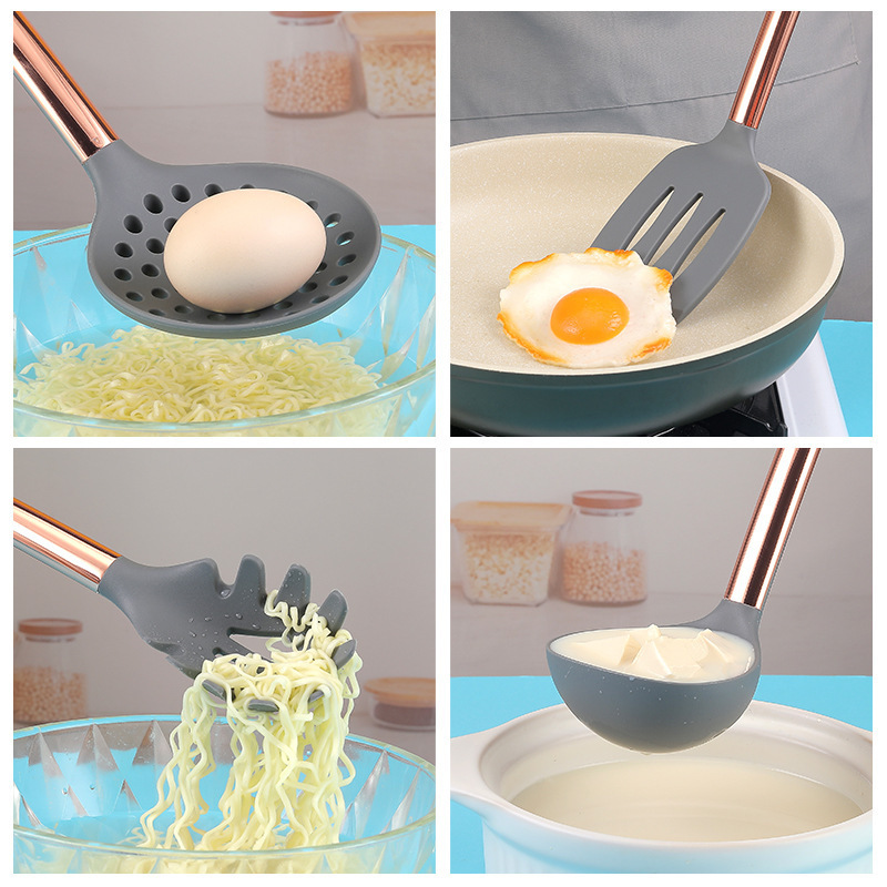 Juego de 14 piezas de utensilios de cocina de silicona con mango de tubo de acero inoxidable de oro rosa