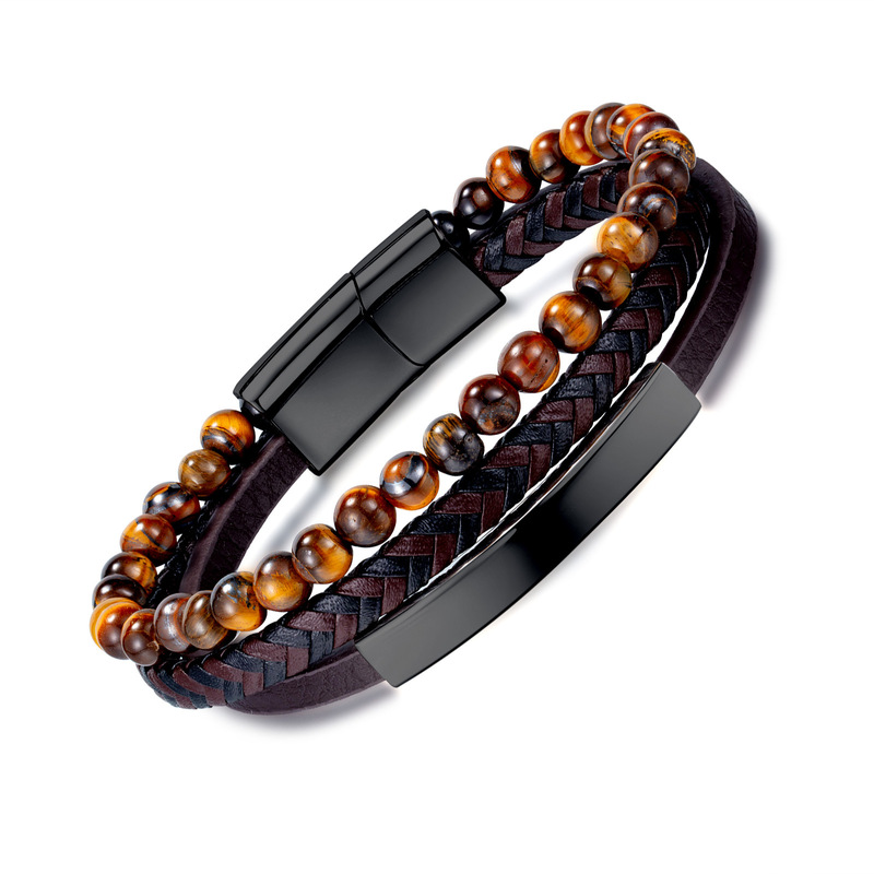 Opk Jewelry European and American Street Tiger Eye Beaded Stone Bracelet Men's Personality Retro Multi-layer Woven Men's Leather Bracelet