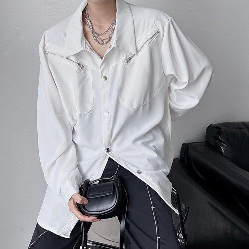 Designer Metal Zipper Decorated Long-Sleeve Shirt for Men, Trendy, Flowing, High-End, Casual and Cool Style