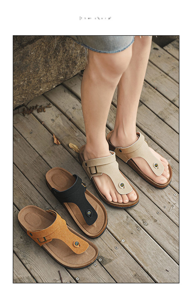 Dép sandal nam quai ngang kẹp chân đế gỗ phong cách Birken, thoáng khí đi biển — Màu đen, Nâu vàng, Trắng be chi tiết 1