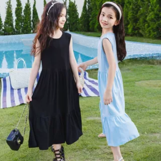 2023新款夏季无袖连衣裙纯棉圆领长裙女大童针织背心连衣裙公主裙