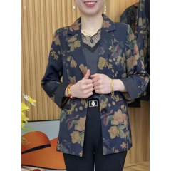 春秋新款中老年女装醋酸丝缎花色小西服外套妈妈装气质显瘦小西装