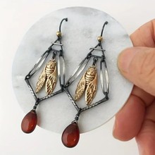 素馨跨境复古做旧几何环绕蝉形嵌宝石吊坠耳环女时尚个性耳饰批发