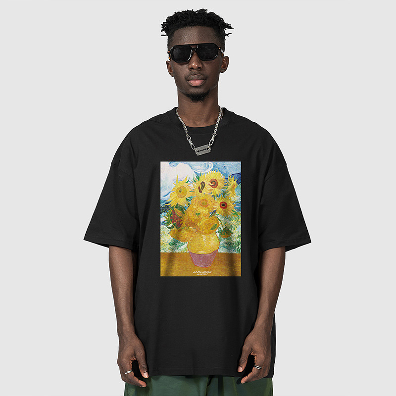 Mode américaine peinture à l'huile à manches courtes t-shirt hommes demi manches coton ample oversize Couple costume T-shirt_voghion.com