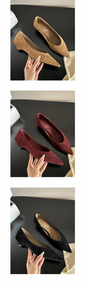 Giày Mary Jane nữ mũi nhọn cổ chữ V gót mèo thấp, chất liệu nhung mờ phong cách thanh lịch — Màu nâu nhạt, Màu đỏ rượu, màu đen chi tiết 9