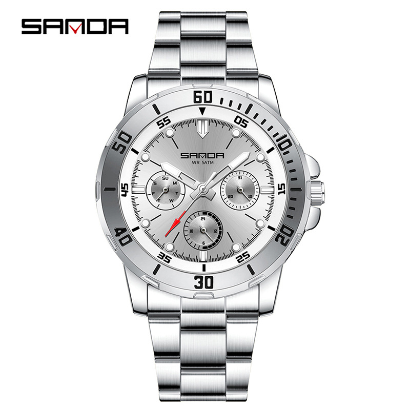 SANDA comercio exterior piel de camarón venta caliente reloj hombre de alta gama impermeable multifunción cronógrafo negocio acero con reloj de cuarzo para hombre