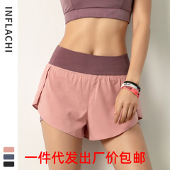 女性用夏の速乾性スポーツショーツ、偽ツーピース露出防止、軽量で通気性のあるアウターウェアホットパンツ、ランニングフィットネスヨガパンツ