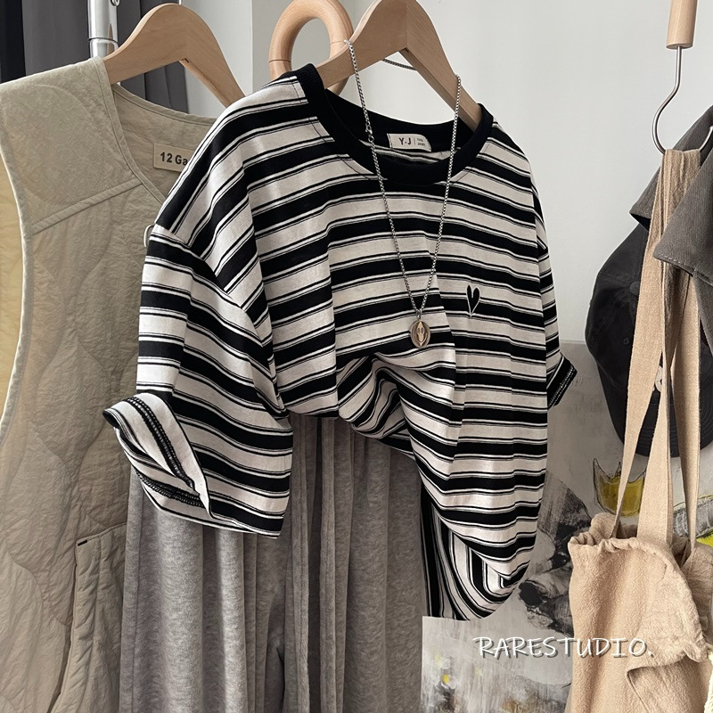 【实价 广州原布大码300斤纯棉女装拉肩后包领】复古条纹刺绣T恤