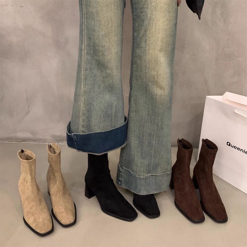High Heels, Autumn and Winter Korean Style Small Ankle Boots, Suede Martin Boots, New Square Toe Slim Boots, Chelsea Short Boots