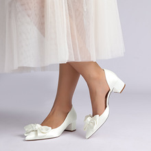 2025款粗中跟尖头内空浅口蝴蝶结款婚礼鞋新娘鞋伴娘鞋2309-5
