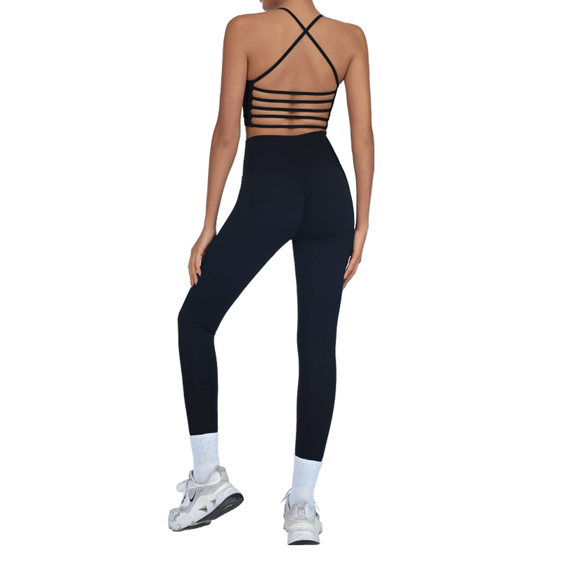 Traje de fitness deportivo de comercio exterior europeo y americano, desnudo femenino con almohadilla para el pecho, chaleco trasero de yoga, cintura alta, pantalones de melocotón de secado rápido image 5