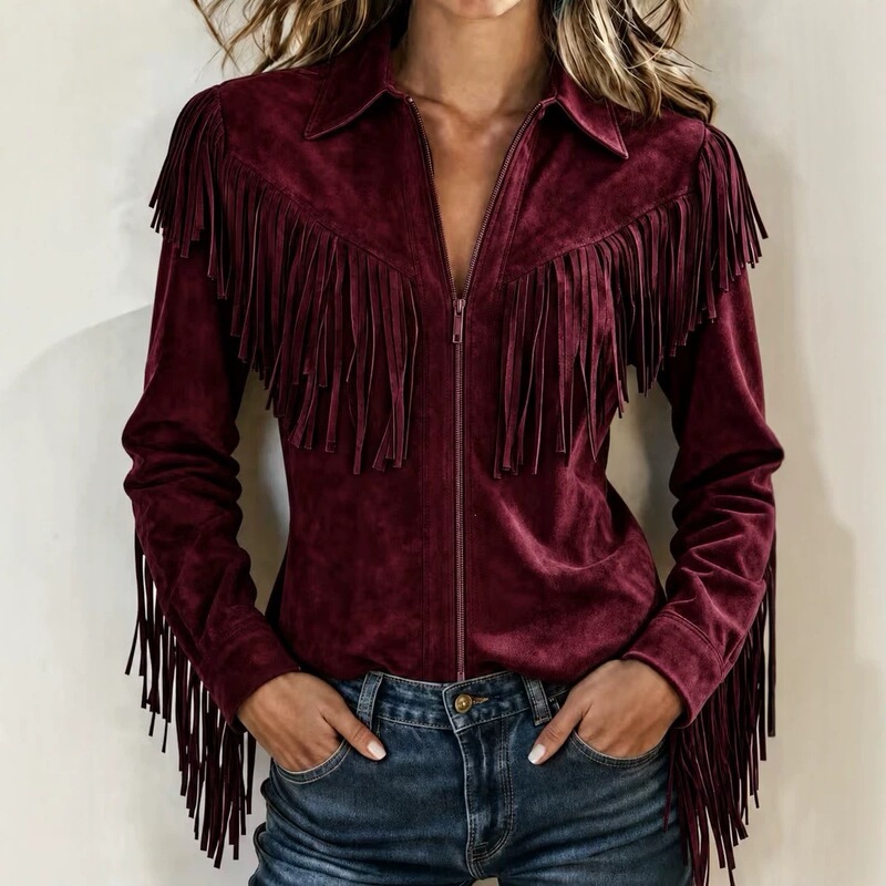 Cross-border 2026 European and American women's fashion, Amazon independent store, autumn/winter casual suede fringed shirt top Cross-border 2026 European and American women's fashion, Amazon independent store, autumn/winter casual suede fringed shirt top