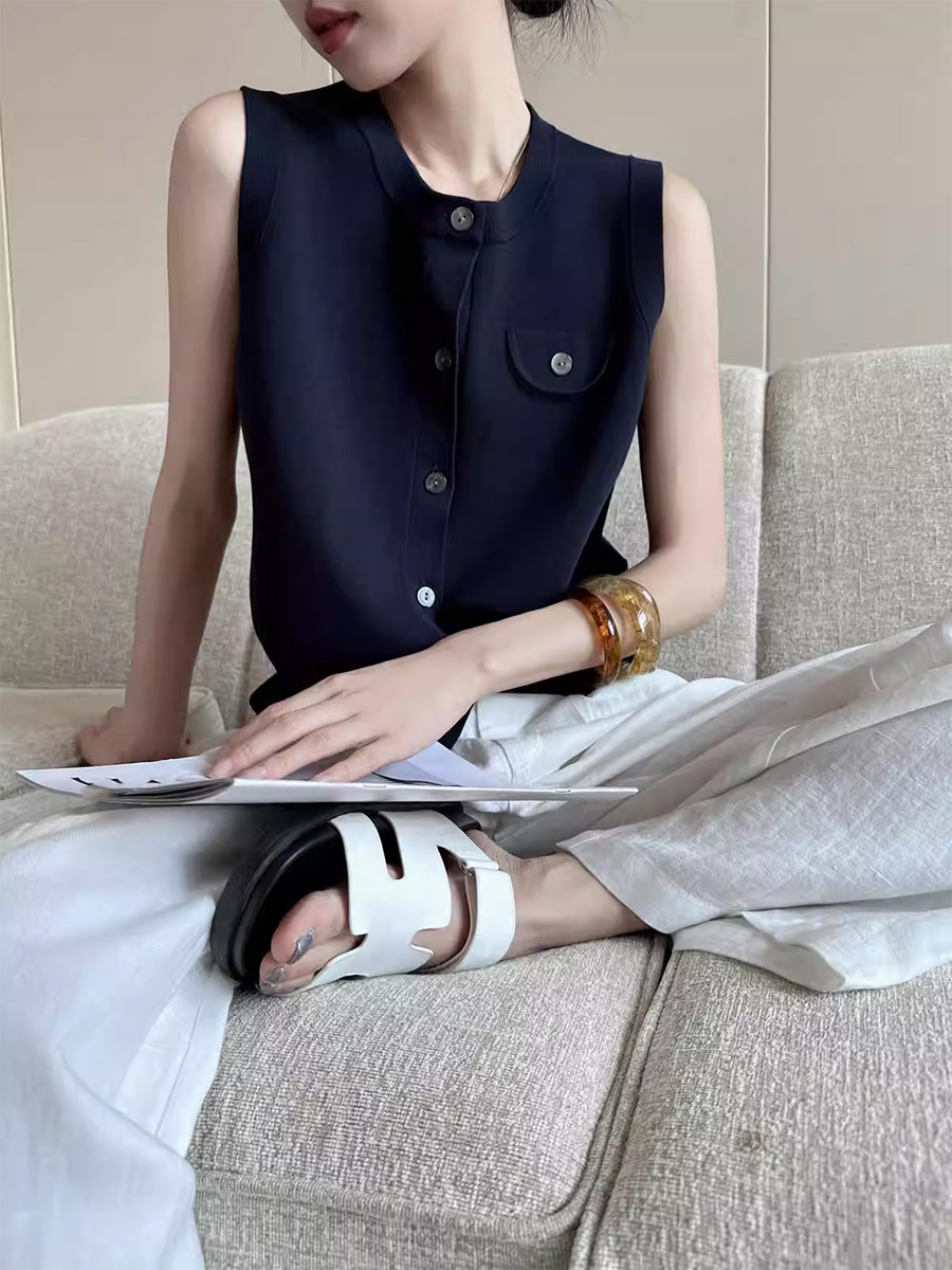 Áo cardigan len dệt kim nữ cổ tròn không tay dáng ôm — màu xanh hải quân