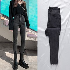 女性用ハイウエストジーンズ2025春新作スリミングスモーキーグレースリムフィットプラスベルベットペンシルパンツ小足用