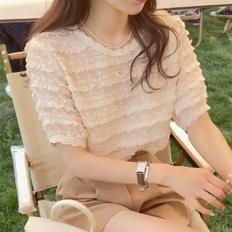 夏装大码女装超仙甜美蕾丝花边雪纺别致泡泡袖洋气小衫M-4XL200斤