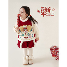 丘哆萌女童卡通大眼龙龙年服马甲短裤套装冬新款儿童保暖马夹裤子