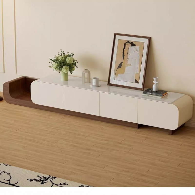 Mid-Century Style Extendable Microcrystalline Stone Tv Cabinet for Living Room, French Retro Small Apartment Floor Model
