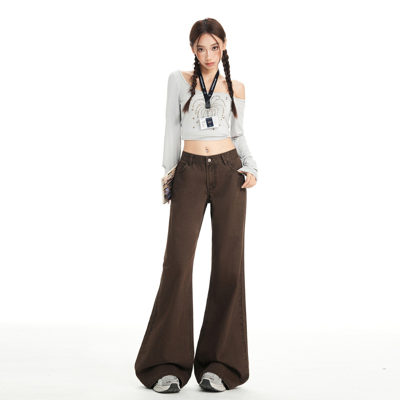 American-Style Brown Coffee-Colored Flared Jeans for Women, Autumn and Winter New Low-Waist Slimming Drapey Non-Stick Leg Bell-Bottom Pants