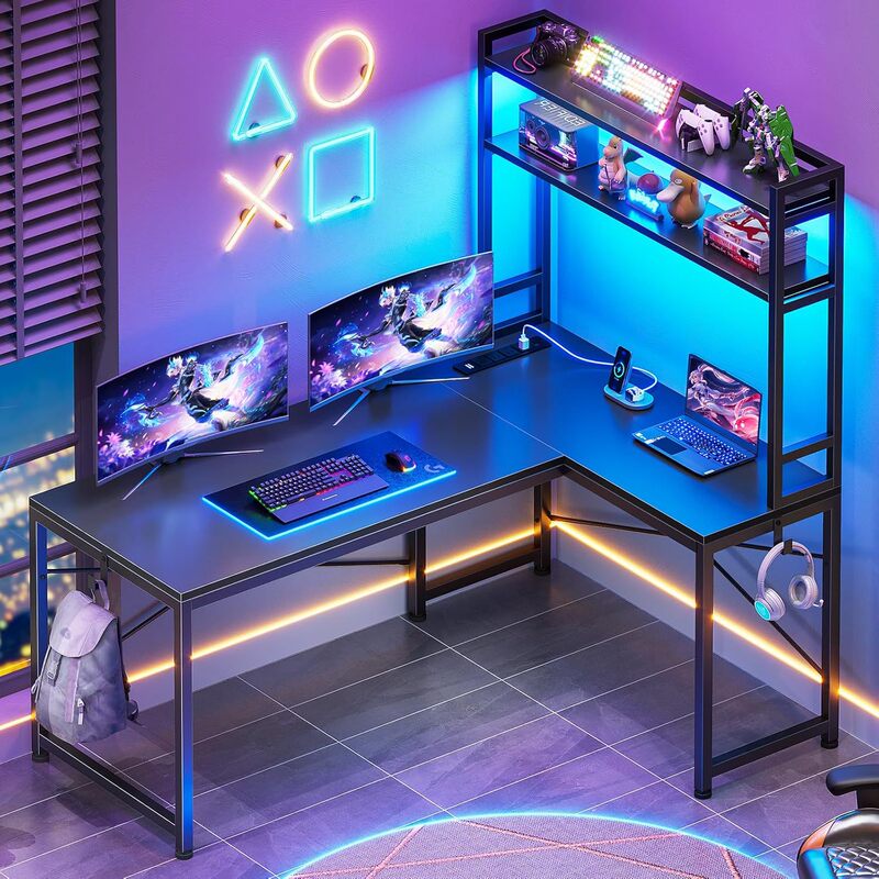 L-shaped game table with power socket and LED light small corner table office desk home desk