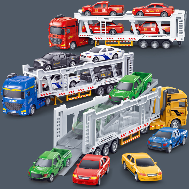 Extended Double-Decker Trailer Truck Children's Inertia Large Truck Boy Toy Car Fire Truck Police Car Model