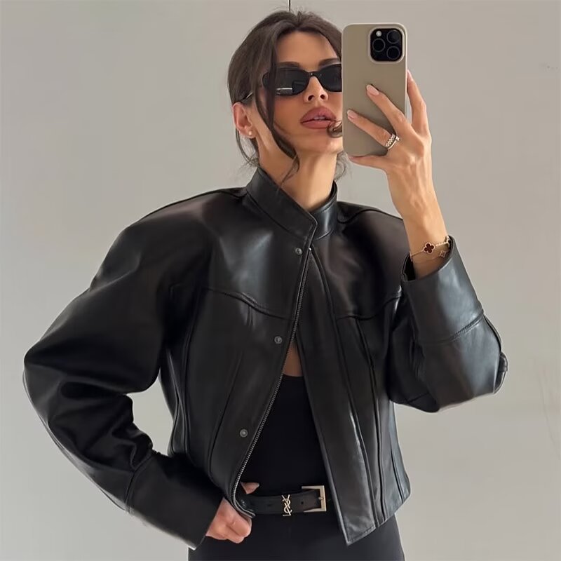 Cross-Border European and American 2025 Autumn and Winter New Women's European and American Style Motorcycle Leather Jacket Long-Sleeved Fashionable Leather Jacket for Women