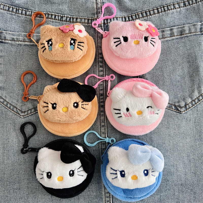 New Kt Cat Round Plush Coin Purse Portable Bluetooth Earphone Bag Cute Cartoon Girly Mini Bag