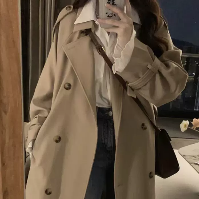 卡其色风衣外套女2025春秋新款韩版修身英伦风双排扣女式长款风衣