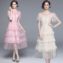 网纱拼接法式甜美气质重工钉珠圆领荷叶袖收腰显瘦蛋糕连衣裙蕾丝