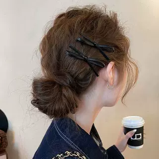 黑色皮质蝴蝶结发夹女甜酷风侧边夹前额碎发刘海夹子一字发卡发饰