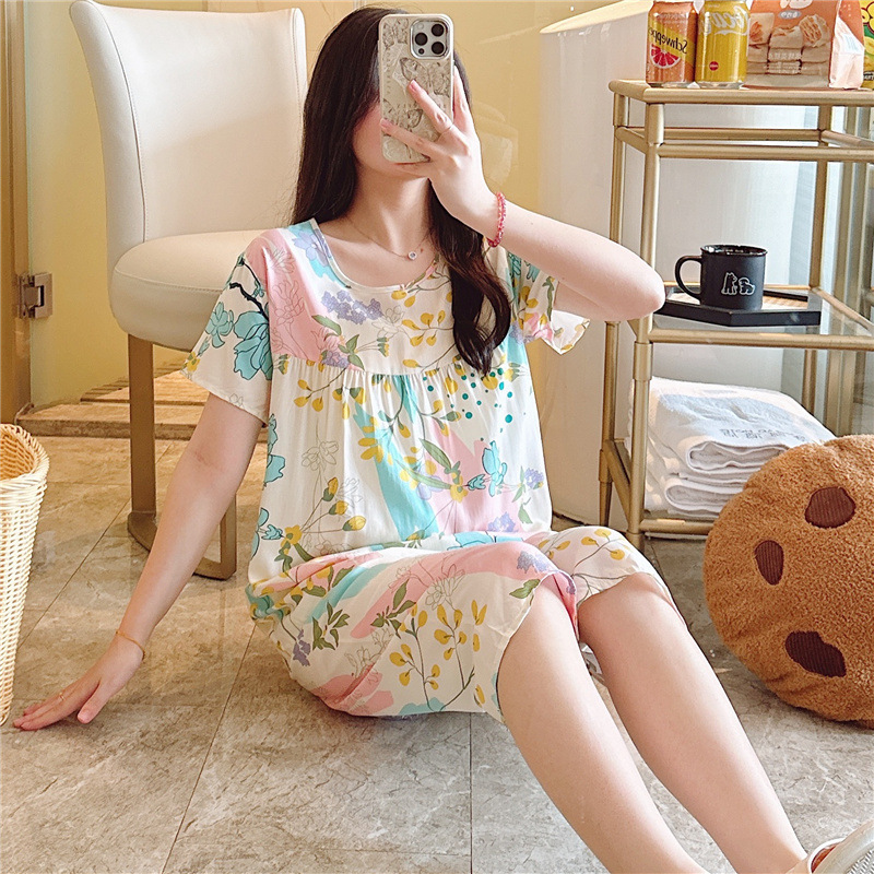 新しい綿シルクパジャマ女性のための夏の薄いツーピース半袖人工綿シルクかわいいルーズ大きいサイズホーム服|undefined
