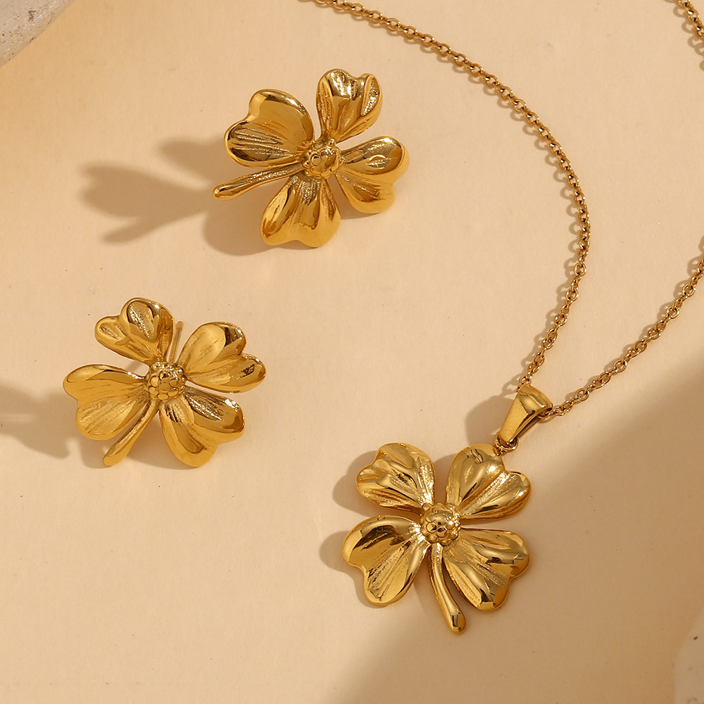 Flower Pendant Stainless Steel Necklace Earrings