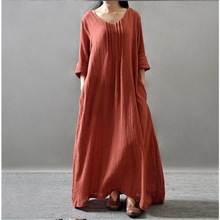 外贸大码女装长裙秋季文艺棉麻打底连衣裙长款袍子