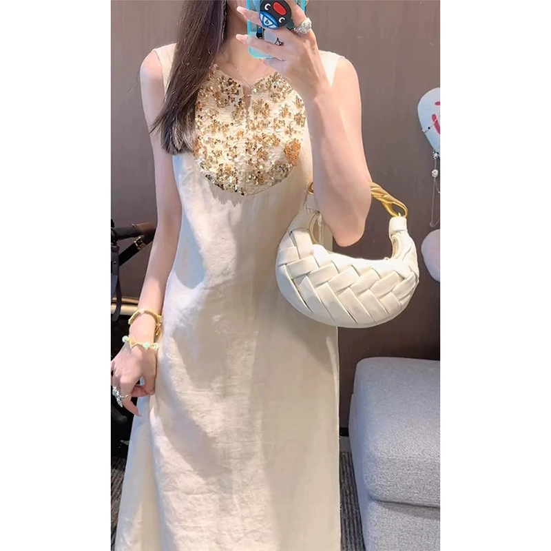 Женский льняной жилет-безрукавка бежевого цвета, прямого кроя, с высококачественной отделкой, распродажа.