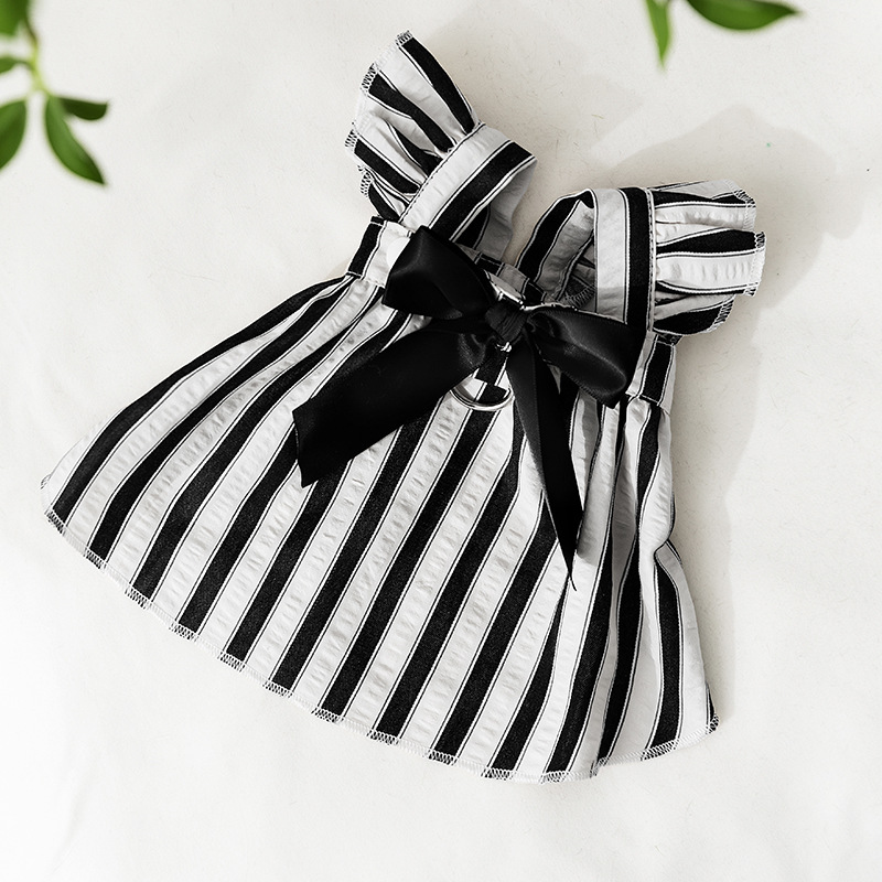 Vestido de tracción con lazo de estilo Hepburn a rayas blancas y negras, perro pequeño, cachorro, bichón, perro mascota, ropa de perro al por mayor image 3