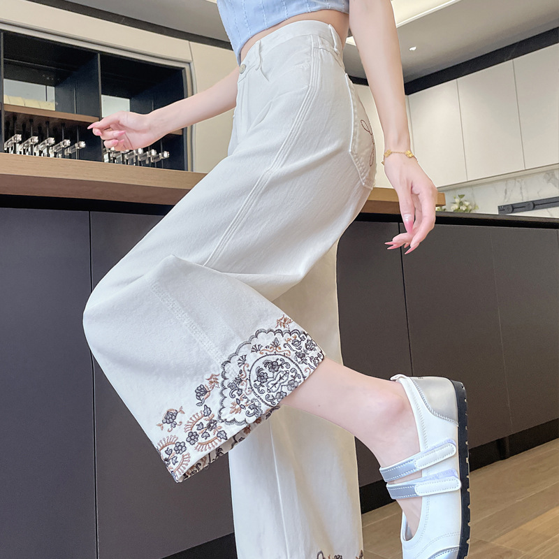 女性用刺繍レース9点ジーンズ2025夏薄手スリムで万能な小柄な人向けのゆったりストレートワイドレッグパンツ|undefined