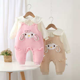 婴儿衣服秋冬超萌小兔夹棉连体衣宝宝加绒背带裤保暖套装外出哈衣