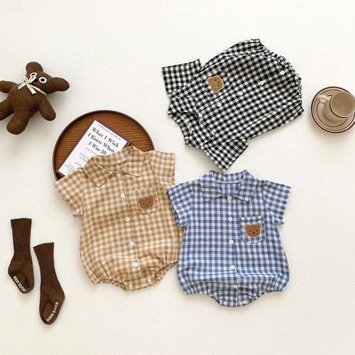  Baby Summer Outfit for Girls, British Style, Padded Bodysuit, Thin Short-Sleeve Plaid Triangular Onesie, Crawling Suit for Children