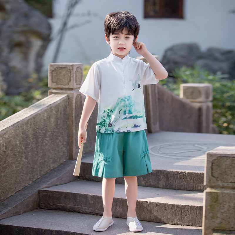 Children's summer short-sleeved Hanfu suit, boy's Tang suit performance suit, baby's western style Chinese style ethnic retro