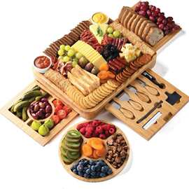 批量起售竹制三开抽屉芝士板带包装和芝士刀配件可雕刻logo