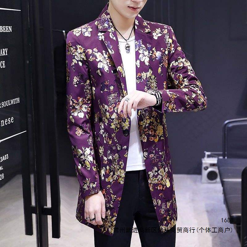 Men's mid-length printed trench coat, spring and autumn, Korean style, slim fit, fashionable youth mid-length coat.