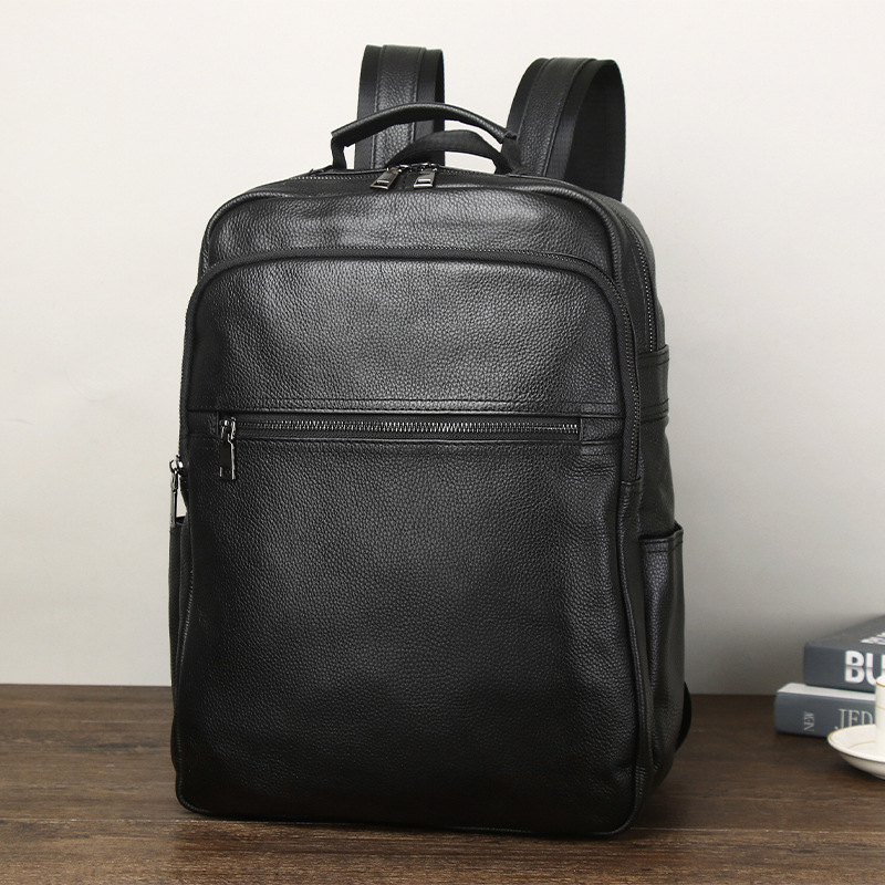 Balo da thật Lion Leiden sức chứa lớn, da bò lớp đầu, chống nước, phù hợp laptop 17 inch — Màu đen