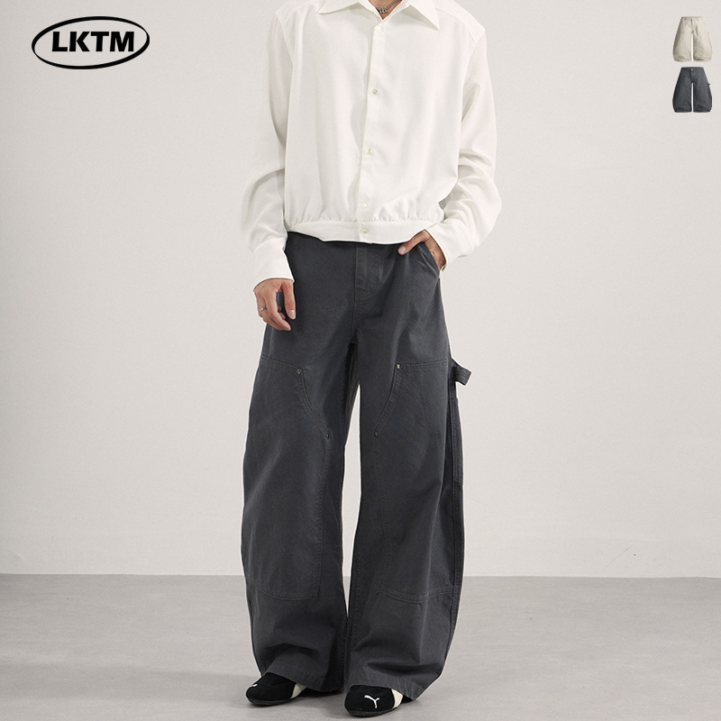 Lktm Men's American Retro Vintage Rivet Lumberjack Cargo Pants Unisex Loose Wide-Leg Scimitar Casual Pants